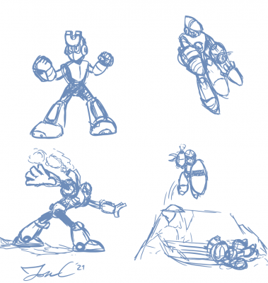 Mega Man Sketch Prompt by Jon Causith
The results of a sketch prompt in which Jon was tasked with drawing a few Robot Masters, plus the Break Man fight in Hard Man's stage.
