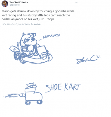 Twitter Kart Response by Jon Causith
An answer to someone's mental image of Small Mario trying to drive a kart.  Don't give them ideas though.  We already have Baby Everyone cluttering the roster...
