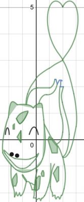 Bulbasaur by aneesh1729
Another graph drawing from equations, here we have Bulbasaur!  Admittedly Bulbasaur was usually my last choice when doing Kanto runs back in the day, but I still really like that line.  And here's the link to the equations for those curious :
https://www.desmos.com/calculator/allz34r1mq

