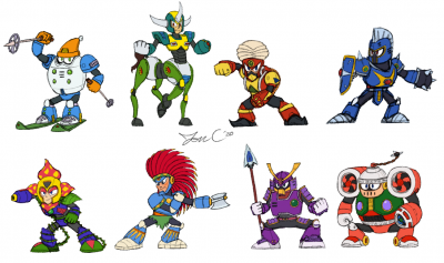 MM6 Robot Masters by Jon Causith
Seeing all the colorful looks of the MM6 cast, it just reminds me of the 8-bit "purists" that complain when a Robot Master in a fangame has "too many colors."  They seem to forget that even Mega Man himself breaks the rule, and in some games where flickering was more apparent, you can see proof that basically all RMs are comprised of layered sprites and thus can break the color limit rule.
