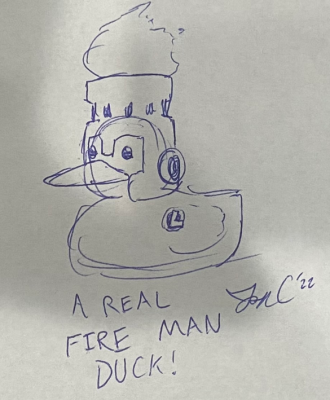 Fire Man Duck by Jon Causith
While listening to my recent updates video where I was playing Placid Plastic Duck Simulator, Jon heard me mention the Fireman Duck.  And thought instead of the Robot Master.  A duck carrying the FLAMES O' JUSTICE!
