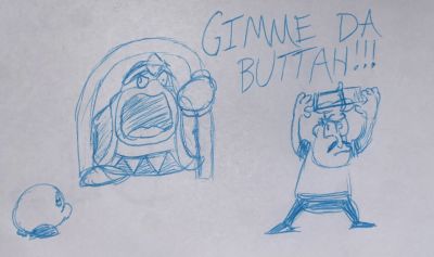 GIMME DA BUTTAH by Jon Causith
......Would Pizza Tower just be a really strange round of Gourmet Race for Kirby and Dedede...?  And just how much more stress will that put on poor Peppino?
