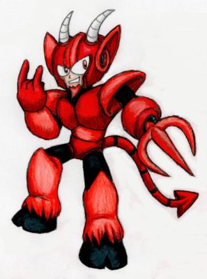 RMN-005 - Devil Man
Made to aid in volcanic research, Devil Man is more carefree and devil-may-care than you might imagine.  He's a total metalhead that loves swinging through his lair without a care in the world.
