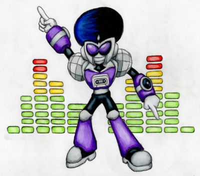 RMN-008 - Disco Man
An entertainment Robot Master, Disco Man works behind the DJ booth in a high end dance club, providing tunes to keep the party going all night.
