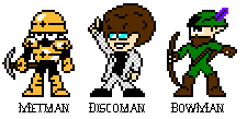 Robot Master Sprites by WingmanVWXYZ
Here we have concept sprites of three of my custom Robot Masters.  Met Man and Bow Man are actually fairly close to my concepts, actually ;)
