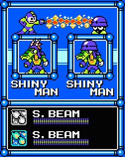 Shiny Man by Dralek
I seem to make quite a stylish Robot Master.  I get a nice stunningly shiny beam attack, and look good in blue Met helmets.
