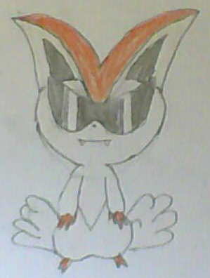Triple Zero by TheLupineOne
Victini looks quite stylish in Proto Man's shades.  They do after all share the common thread of both being numbered #000.
