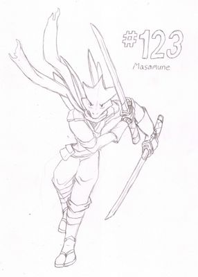 123 - Masamune
My Scyther, Masamune, is the sort that specializes in speed and evasion.  This actually let him defeat an old friend's Rayquaza once, so that was interesting.  Thus, I can't help but see him as a ninja.  His scythes have thus taken the form of twin katanas.
