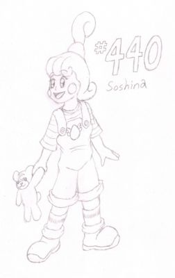 440 - Soshina
Soshina the Happiny is a cheerful little girl.  She likes to play with stuffed animals and have tea parties with friends.  She likes to try to help with things, and looks up to her older sister, Joy.
