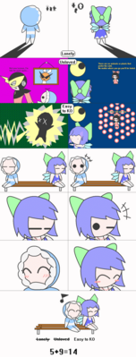 5 + 9 by GandWatch
Poor Ice Man and Cirno...  Both lonely, both unloved, both easy to knock out... until they met each other.  Now they're no longer alone, no longer unloved, but still knock each other out, in a good way.  This was another of those well timed comics, cheering me up with a heartwarming image when I was feeling fairly down due to some online drama.  Ice Man's serial number is DRN005, and of course, the Cirno joke about 9 is pretty well known.  Totalling 14 for 2 people, thus, 2-14.  Happy Valentine's!

