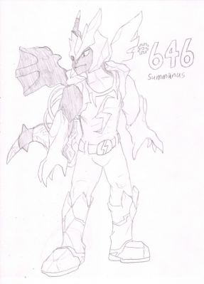 646 - Summanus
Summanus the Black Kyurem is one of a pair of Kyurem brothers.  Gifted with special abilities beyond that of a normal Kyurem, Summanus and his brother decided to use their powers to uphold truth and ideals.  Summanus has been granted the power of lightning, and tends to be more active during the night.

