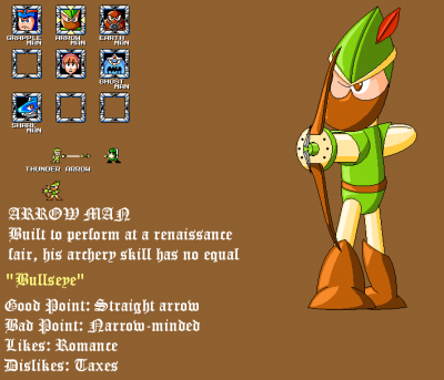 Arrow Man by EvilMariobot
Rather coincidental, this one.  I too have a Robin Hood themed Robot Master by the name of Bow Man ^_^;
