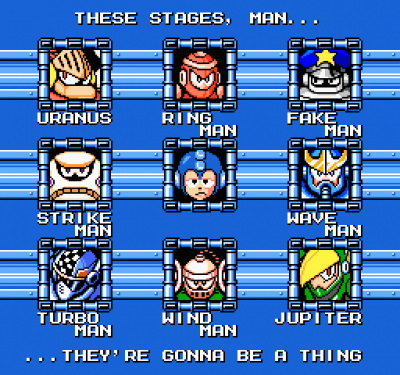 At Least the Bosses Aren't So Bad by MarsJenkar
A stage select with an interesting twist, and one I don't often think about : stages where the bosses aren't really a major threat, but the stages themselves are quite a thing.
