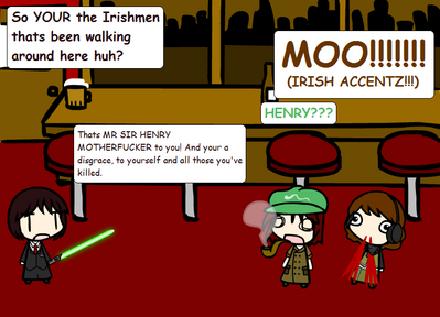 Battle of Irishmen by Bowserslave
Evidently, this stems from a situation on the forums, in which Catgame developed a liking for Irish accents, Bullfrog developed an Irish personality, and Sir Henry you-know-the-rest from No More Heroes didn't take it well.
