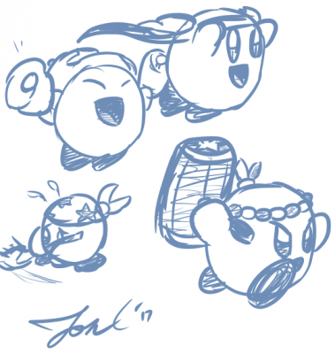Even More Kirbys by Jon Causith
This time the randomizer landed on Hi-Jump, Bell, Hammer, and Clean...  I'm guessing Clean isn't too happy about all the ruckus...
