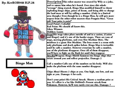 Bingo Man by KevROB948
Evidently made as a simple amusement by Dr. Wily, he can still hold his own in a battle.  Just look at Clown Man!  Wily makes some dangerous toys.
