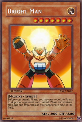 Bright Man Card by Tom0027
Oh dear...  This particular card seems to capture Bright Man's cheapness pretty well, destroying all the opponent's traps and magic cards.  Granted, it comes at a cost...  I guess that actually does make Bright Man at least marginally less destructive than Jinzo in the actual game ^_^;  At least it costs something to activate his ability, and it better what with the ability to keep your opponent from attacking for one turn ^_^;
