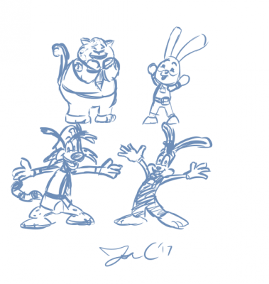 Cats and Bunnies by Jon Causith
Looking for drawing requests, I requested two random characters I like, Benjamin Clawhauser from Zootopia, and Arcade Bunny from Nintendo Badge Arcade.  He added an extra cat and bunny, opting for Bonkers and Roger Rabbit.
