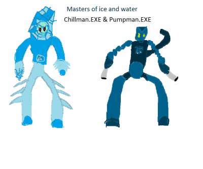 ChillMan EXE and PumpMan EXE by Renic Kobett
Here we have Navi designs for Chill Man and Pump Man.  ChillMan.EXE has a Mr. Freeze kind of thing going on.  PumpMan.EXE looks almost alien in design.
