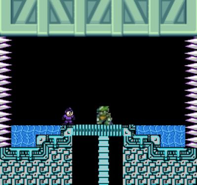 Dark Mega Man's Lair by tAllShyguySkullLand
Evidently, this lair was pieced together from pieces of other troublesome Robot Masters' lairs...  Why he went with so little water though and didn't abuse ceiling death spikes, I'm not sure.
