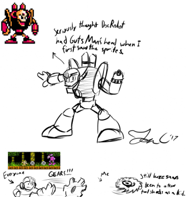 Drawings from Sprites by Jon Causith
Doc Robot's sprite.... yeah, it does tend to be kinda hard to tell what's going on there ^_^;  And I do fall into that group that saw Metal Blade as a gear rather than a sawblade back in the day.  Granted, I think I blame the fact that his stage itself was full of gears.
