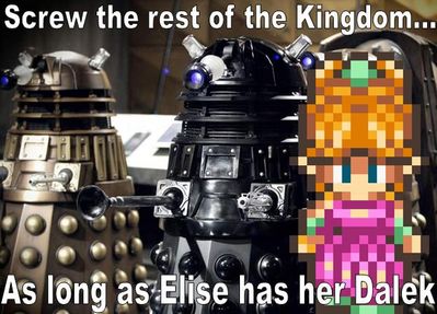 Elise's Dalek by MegaBetaman
So in Secret of Mana, the girl's love interest is Dyluck.  That can easliy be misheard...  Somehow I think if she was interested in this sort, the witch wouldn't have stood a chance against him.
