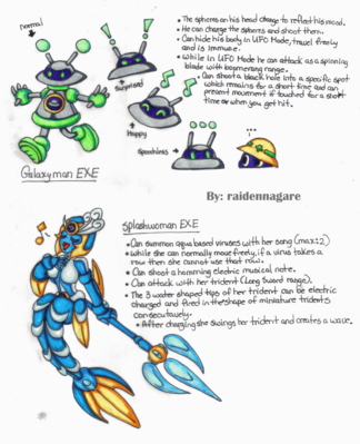 GalaxyMan EXE & SplashWoman EXE by Raiden
I always love the details Raiden puts into her work.  In this case, I love the emotive dots over GalaxyMan's antennae, as well as the "conversation" with the Met.  SplashWoman looks quite cool as well, and I love the descriptions of her moves.
