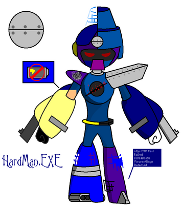 HardMan EXE by GandWatch
HardMan here has had a difficult life.  Picked on by other Navis in his earlier life, he became desperate to upgrade himself at all costs.  He thus began to hack and customize himself, going so far that he ended up severely glitching himself.
