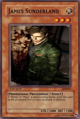 James by beedolphin
James!  Jaaaaaaames Sunderlaaaaaaaaaaand!!!  He is probably my second favorite protagonist, right behind Heather.  This card seems to call up his unfortunate connection to the ever useless and in the way Maria.

