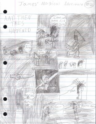 James' Magical Adventure Pt 21 by Drew
Correct answers or no, it looks like they'll have some tough times ahead.  Pyramid Head has killed Maria (well, we know how that goes...), and seperated Momiji from the rest of the group.
