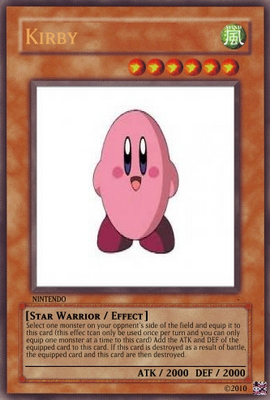 Kirby by beedolphin
Kirby sounds like he could be a dangerous card with those abilities, possibly even used as a bit of a self-destructor, taking in a strong enemy monster, and then being used as a sacrafice for a higher level summon to get rid of it if need be.

