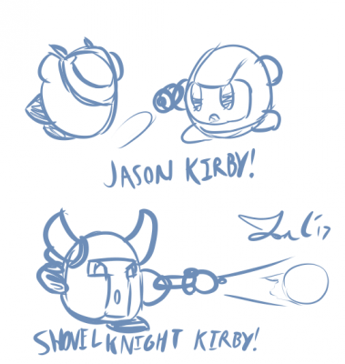 Kirby Caps by Jon Causith
I challenged Jon once to try drawing Kirby with hats from other characters, not in Smash.  So here we have him wearing caps for Jason from Blaster Master, and Shovel Knight because seriously he should be in Smash.
