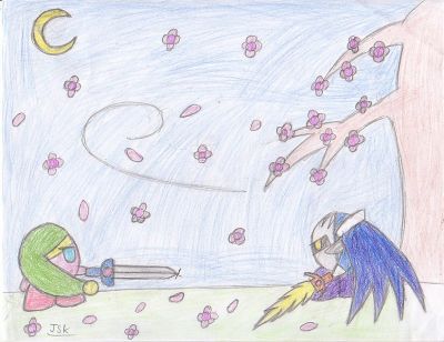 Kirby vs Metaknight by GoldNTearuka
Quite a stylish piece, this, depicting the rivalry battle between Kirby and Metaknight.
