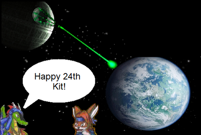 Kit's 24th by MegaBetaman
In all fairness, I did blow up a planet in celebration of Kit's 24th birthday... or at least a Stardroid...
