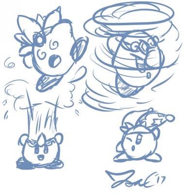 A Few Kirbys by Jon Causith
Jon used a randomizer to pick some Kirby abilities to draw.  Here we have Leaf, Tornado, Water, and Beam!  Everything seems like a force of nature except Beam maybe...
