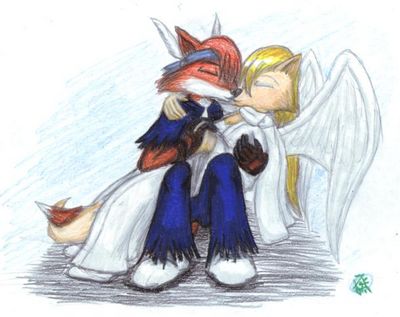 Love's Grasp
Kitfox cares very much for Angel, and here he shows it, giving her a meaningful kiss.  Kitfox and Angel (c) C. Hersey
