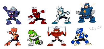 MM3 Cast by Jon Causith
Jon has taken to practicing drawing Robot Masters for projects lately.  Here is some MM3 practice!  According to him, Gemini and Spark are annoying to draw.

