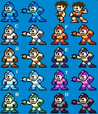 Powered Up 8 Bit by Jon Causith
While discussing weapon pallets, Jon tried doing an 8 bit rendition of the weapons from Powered Up, rebalancing colors a little bit from what they were in Mega Man 1.
