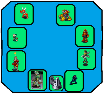Powered Up Navi Select by TPPR10
Here we have Navis filling in for the MMPU select screen.  Dark Soul Megaman is filling in for Oil Man, and ClockMan is filling in for Time Man.  Proto Eye just gets a Flappy virus.
