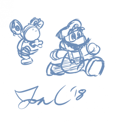 Mario and Yoshi by Jon Causith
Yoshi is best dino friend.  Mlem!
