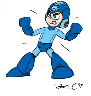 Mega Man by Jon Causith
A stylish interpretation of the Blue Bomber, using some of the Sakurai design in the lines.  Nice action pose!
