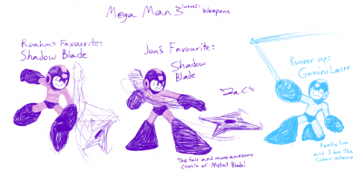 Arsenal Favorites MM3 by Jon Causith
In MM3, once more we both like the same weapon.  Shadow Blade all the way!  Jon's point about it being more fair than the Metal Blade makes me very happy, as that's exactly how I feel.  Special mention to Gemini Laser!
