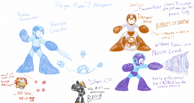 Arsenal Favorites - MM7 by Jon Causith
With Mega Man 7, I love the Freeze Cracker.  Multidirectional capabilities in an ice weapon, so naturally I love it!  Jon couldn't decide between Danger Wrap or Noise Crush.  They're definitely among the more stylish weapons out there.
