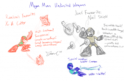 Mega Man Arsenal Favorites - Unlimited by Jon Causith
Branching into the fangames side of things, it's time to look at our favorite weapons from Mega Man Unlimited!  I love the stylish utility of the Yo-yo Cutter, while Jon goes for the no nonsense usefulness of the Nail Shield.  Honorable Mention to the Water Cannon!
