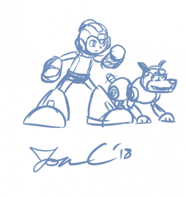 Mega Man and Rush by Jon Causith
Mega Man and his trusty canine pal.  Hopefully not with Mega Man 5's coil adaptor.
