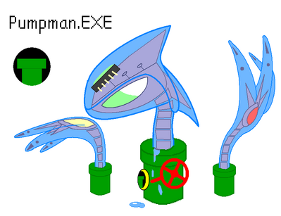 PumpMan EXE by GandWatch
This version of PumpMan seems to be inspired by Chaos from the Sonic games.  He has the ability to hide away in various pipes.  It seems like this could be quite a hectic battle!
