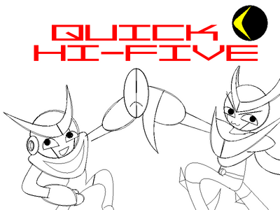 QuickMan High Five by GandWatch
......I fear for my life o.o;;  With these two plotting together, nothing good can come of it ^_^;;  The original Quick Man was bad enough, but then QuickMan.EXE took lessons from him for his appearance in Network Transmission ^_^:
