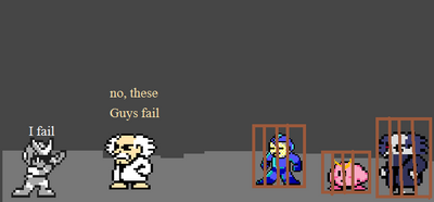 Quint is Sad by Ace-heart
Dr. Wily at least seems to have some words of comfort for Quint... though I'm not quite sure who these samples of fail are, other than the PC Mega Man...
