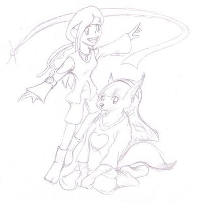 Ribbons!
Ribbons are nice.  Serin likes to play with them.  The magic ribbons she can make have nice, soothing, healing qualities.  Thus Azuri always wears one in her hair.  Azuri and Serin (c) C. Hersey.
