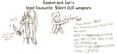 Least Favorite Silent Hill Weapons by Jon Causith
In the words of Rosseter, SCREW THE KNIFE!!  I also definitely have to agree with Jon here.  Has ANY survival horror game really gotten a flamethrower right?  They're always kind of underwhelming...
